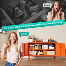Orange Metal Storage Cabinet With Doors And Shelves,2 Door Wide Metal Locker Accent Storage Cabinet With Leg & Vent Hole,Wide TV Cabinets,Low Side Cupboard For Home,Office,Dining/Living Room - trái cam - Xem 8