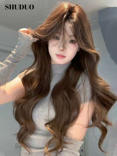SHUDUO 1号发际线形状蕾丝4*1，前额蕾丝波浪假发，中分假发，棕色半手工编织日常自然造型，时尚浪漫逼真假发（不含配件）