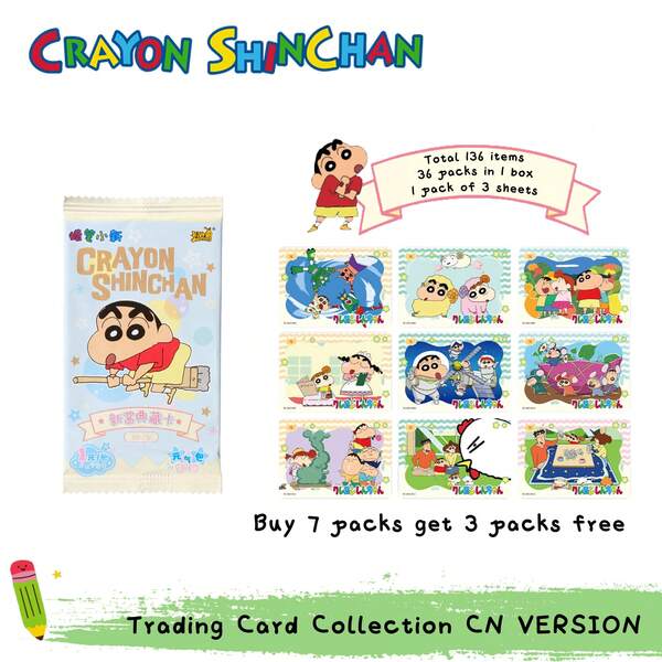10 piezas Juego de tarjetas coleccionables de papel, Colección de tarjetas Crayon Shin-Chan New Jiang, 1 paquete aleatorio*10, Estilo de dibujos animados lindo, Caras de tarjetas coloridas, 30 tarjetas en total incluyendo tarjetas DR, Experiencia de desembalaje de caja ciega, Mercancía auténtica de anime, Coleccionable e intercambiable
