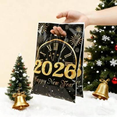 10/25/50个装 2026新年快乐礼品袋，黑金新年烟花时钟图案糖果袋，适用于新年室内/室外派对、新年装饰、2026新年家庭聚会礼品包装、新年庆祝糖果袋装饰、新年厨房和餐厅装饰、房间装饰、家居装饰桌面摆件、新年礼物、节日餐桌装饰