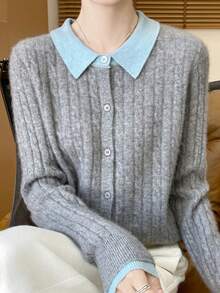 Women Cardigans - Gray Blue Collar - View 1