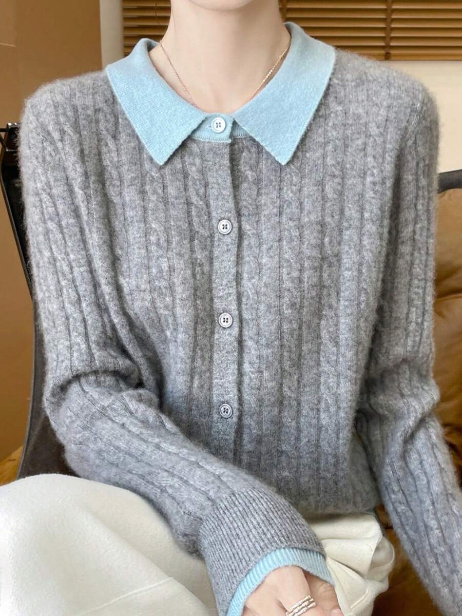 Women Cardigans - Gray Blue Collar - View 1