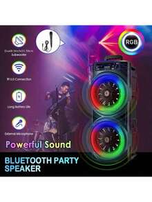 6000W Dual 8" Bluetooth Speaker Sub Woofer Heavy Bass Sound System Party + Mic System With RGB Lighting & Wireless Microphone - USB Rechargeable, FM Card Support For Parties, Karaoke, Dance Events - Remote Control, RGB Lights