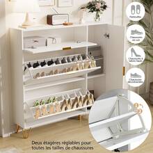 MISNODE Meuble à chaussures blanc avec 2 portes pliantes, étagère à chaussures avec tiroir et étagère de rangement, étagère à chaussures étroite, dispositif anti-basculement, pour entrée couloir couloir chambre salon, 110 x 24 x 114,5 cm - Blanc - Voir 10