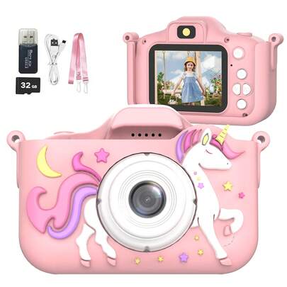 Kids Unicorn & Dinosaur Camera Toy With 1080P HD Video, 32GB Memory, 6-In-1 Photo/Video Modes, 2" Screen & - & Camera Gift For Age 3-12 Years (Pink & White) - Birthday/Christmas Present