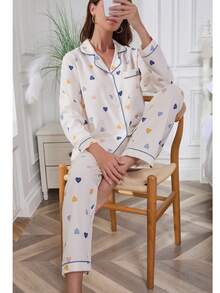 2pcs Women Heart Print Pajama Set, Long Sleeve Top And Pants, Suitable For Home, Leisure, Outdoor Casual Wear, Fall & Winter Clothes