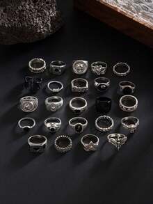 24 buah Cincin Logam Geometris Modis, Cincin Hitam Tidak Dapat Disetel, Perhiasan Pesona Hip-Hop Punk Pria - Antique Silver - View 4