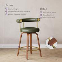 TYBOATLE Set Of 2 Mid-Century Modern Bar Stools, 26" Counter Height Kitchen Stools With Bent Wood Leg And Faux Leather Upholstery - Green - View 7