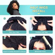 半假发 真人发 缅甸卷发 女士假发 180 密度 3 合 1 无缝翻转半假发 初学者友好型无胶假发 真人发螺旋末端自然色，防滑假发帽带可调节带