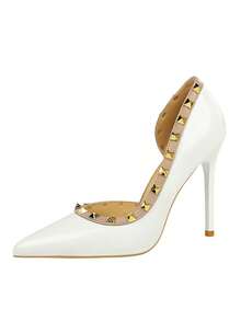 性感尖头高跟鞋，铆钉装饰侧镂空亮面漆皮超高跟鞋，适合夜店、派对等场合，细高跟鞋 - 白色 - 查看 8