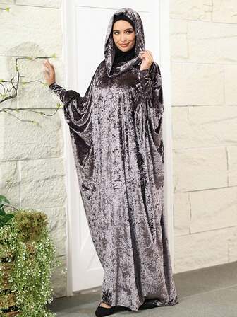 VFJ Muslim Prayer Suit Solid Color Elegant Turkish Style Middle Eastern Arabian Ladies Robe Gold Brick Wool Hooded Gold Dress, Delivery Storage Bag