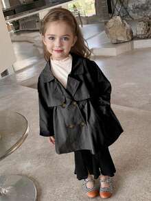 Girls' Double-Breasted Trench Coat, British Style Mid-Length Windbreaker, Versatile Children Outerwear, Spring/Autumn/Winter - Black - View 2