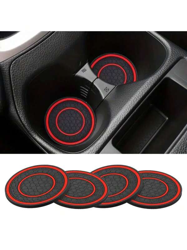4pcs PVC Car Cup Holder Mats Set, Non-Slip Universal Vehicle Cup Holder Inserts For Bottles, Trucks, RVs - Black/Red/Blue/White Interior Accessories, Suitable For Men & Women, Spill Protection, Truck Interior Accessories | Practical Design | PVC Material, Cup Holder Accessories