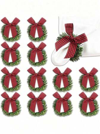 10pcs Christmas Napkin Rings Set|Pine Wreaths With Red Bow Napkin Holder|Winter Dining Table Decor|Holiday Party Dinner Napkin Holders|Green Cloth Napkins|Red Satin Squares|Festive Fabric Decor