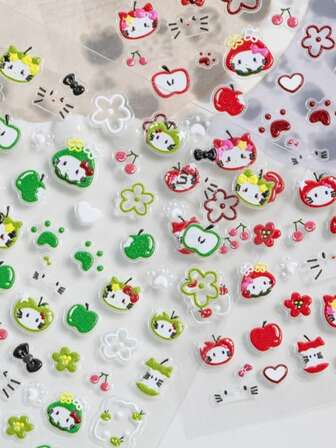 Cute Apple Cat Nail Art Sticker, 5D Embossed 3D Green Apple DIY Nail Decals, Decorative Stickers For Water Cups, Desktops, Versatile Design (Color Variation May Occur, Sent Randomly)