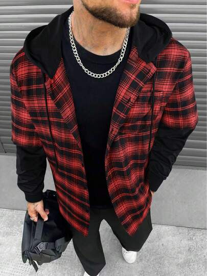 Men's Flannel Shirt, Dual-Color Sleeve Hoodie - Classic Red Plaid Long Sleeve - Perfect Christmas And New Year Gift For Boyfriend, Husband, Son