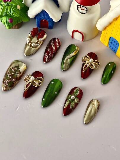 10 PIEZAS Uñas postizas de mujer para Navidad, diseño de árbol de Navidad y corona con brillo, uñas de almendra de cobertura completa, uñas acrílicas falsas de longitud media, para fiesta de Navidad, regalo de Halloween, colección de arte de uñas