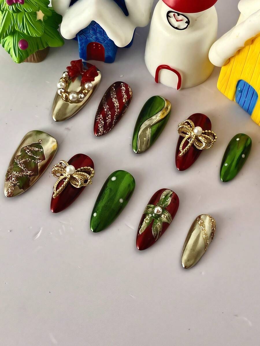 10 pezzi Set di unghie finte a mandorla in acrilico lucido e riutilizzabili con colla per unghie, design glitterato floreale, punte unghie per copertura completa per San Valentino, Capodanno, regali per feste o collezione