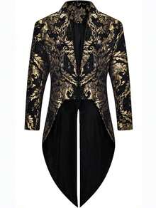 Fashionable Men's Gothic Steampunk Tailcoat Jacket, Gold, Black Brocade Wedding Coat Gothic Style Halloween, Performance Outfit - 金色 - 查看 2