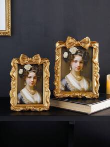 1 szt. Prostokątna dekoracyjna ramka na zdjęcia w stylu europejskim ze złotą kokardą, wygodna ramka do ekspozycji zdjęć na biurku, uniwersalna ramka do dekoracji domu, do montażu na ścianie lub stole, odpowiednia do zdjęć rodzinnych, dekoracji świątecznych i rekwizytów fotograficznych