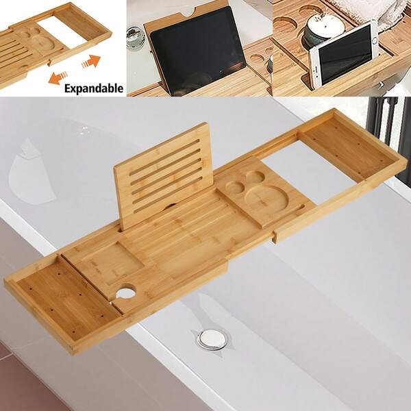 Expandable Bath Tub Tray Caddy Bamboo Over Bathtub Storage Rack Phone Pad Tablet Holder Wine Glass Slot Candle Book Shelf