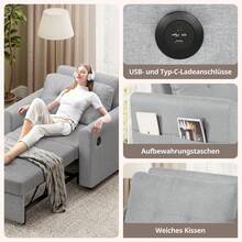 3-In-1 Sleeper Sofa Bed With USB And Type-C, Folding Single Sofa With Soft Cushion, Storage Pockets And Adjustable Backrest, Sofa Bed Chair 84 * 190cm - Light Grey - View 6