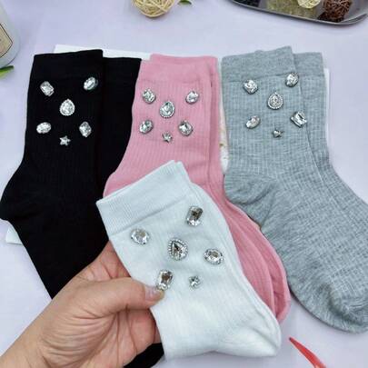 1 par/2 pares/3 pares/4 pares de meias femininas de cano médio com strass em cores sólidas e na moda. Meias brilhantes com strass - confortáveis e estilosas, macias e elásticas, perfeitas para encontros e festas, presentes para mulheres e presentes de Natal.