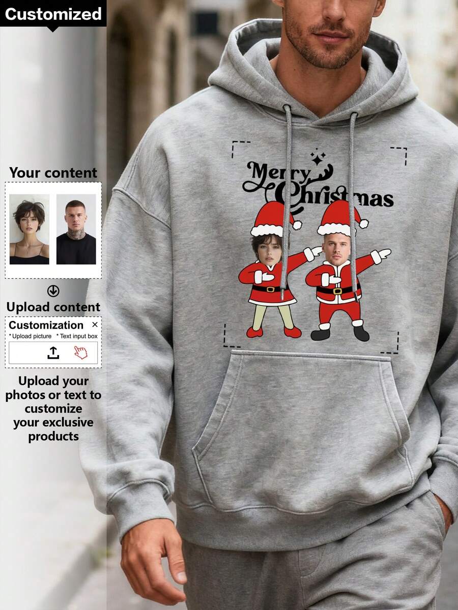 Customized Men's Hoodies Christmas Hoodies, Couple, Party, Christmas Gift, Thanksgiving Gift, Family Santa Claus, Christmas Chimneys, Long Sleeve Top - Grey - View 1