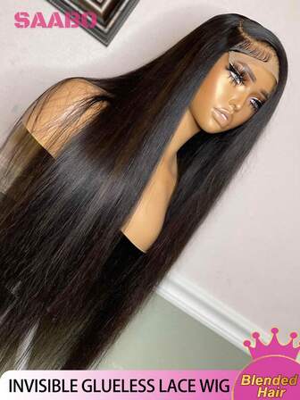 200% 密度 34 英寸高清 13x4 蕾丝前额直长假发，巴西原生发，#1B 自然黑发，纤维混纺，13x4 耳到耳蕾丝前额长发，预先拔毛的自然发际线，适合日常和派对佩戴