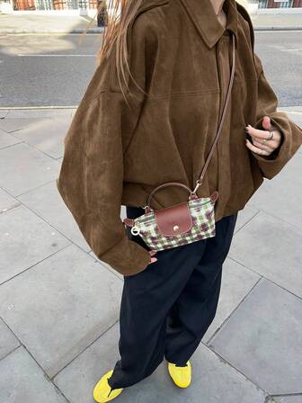 Women's Regular Faux Suede Long Sleeve Single Breasted Loose Casual Jacket, For Spring, Women's Pocket Metal Button Short Military Green Jacket Suitable For Spring And Autumn