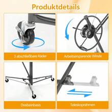 Gipskartonplatten-Heber für Wände & Decken | Tragkraft 68 kg, Höhe 140-335 cm Verstellbar | Klappbar mit 3 Bremsrädern, 60° Neigung