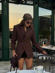 Camel Solid Color Overcoat, Button Front, Lapel Collar, High Waist, Long Sleeve Suit, Suitable For Commuting And Office Wear, Autumn/Winter - Camel - View 3