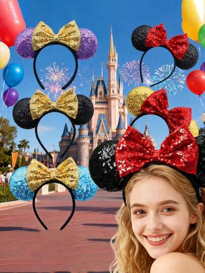 Disney 1pc Disney Shiny Sequin Minnie Mouse Ears Headband - Multicolor Sparkling Hair Accessory, Suitable For Fashion-Conscious Women | Cartoon-Themed Photography Prop And Daily Fashion Headband, Christmas Gift,Gifts,Travel,Gifts For Women,Hair Stuff,Stocking Stuffers