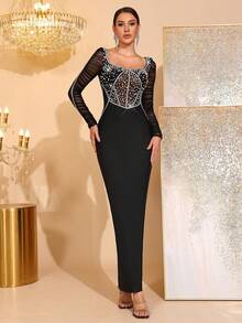 Abito lungo elegante e sexy con scollo quadrato, maniche lunghe inin reteh, schiena scoperta, per invitati a matrimoni e damigelle, realizzato a mano con perline e diamanti di lusso, in stile fasciato nero - nero - Visualizzare 2