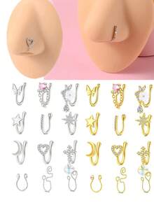 6 piezas de anillos falsos para la nariz, aros falsos para la nariz con cristales, pendientes de clip, pendientes de oreja para mujeres y adolescentes sin perforaciones, joyas para el Body en dorado y plateado - Multicolor - Ver 1