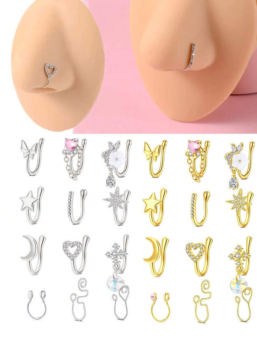 6 piezas de anillos falsos para la nariz, aros falsos para la nariz con cristales, pendientes de clip, pendientes de oreja para mujeres y adolescentes sin perforaciones, joyas para el Body en dorado y plateado - Multicolor - Ver 1