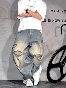 Distressed Loose Fit Wide Leg Ripped Jeans For Men, Baggy Hobo Jeans, Hiphop Style - Bronze - View 1