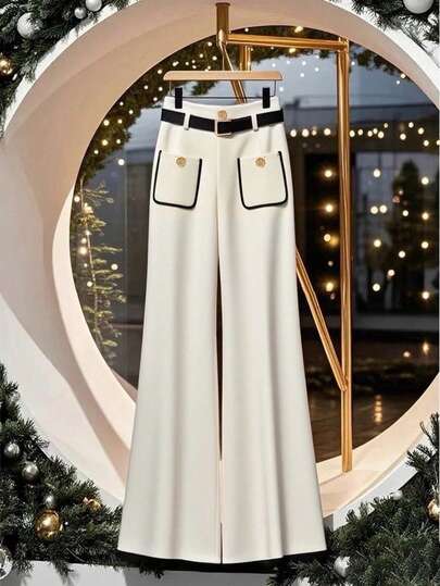 Women's Fashionable Versatile Elegant Contrast Color Button Pocket Zipper Office Pants