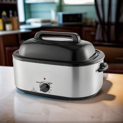 Electric Roaster Oven, 24 QT Turkey Roaster Oven With Self-Basting Lid, 1450W Roaster Oven With Defrost & Warm Function, Adjustable Temp, Removable Pan & Rack, Fits Turkeys Up To 28LBS, Silver