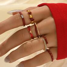 6pcs Red Glazed Open Ring, Luxury Niche High-End Vintage Finger Rings, Suitable For Stacking