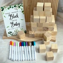 VICKYO 1 Set Babyshower Games Sign Activity Kit, Includes 1 Game Sign 30 Blank Wood Blocks And 12 Pens, Funny Interaction Game For Babyshowers Gender Reveal Parties