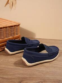 男童平底乐福鞋，一脚蹬真皮鞋，时尚软底休闲船鞋，舒适一脚蹬牛津鞋，春秋季 - 藍色 - 查看 4