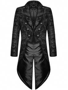 Fashionable Men's Gothic Steampunk Tailcoat Jacket, Gold, Black Brocade Wedding Coat Gothic Style Halloween, Performance Outfit - Black - View 2