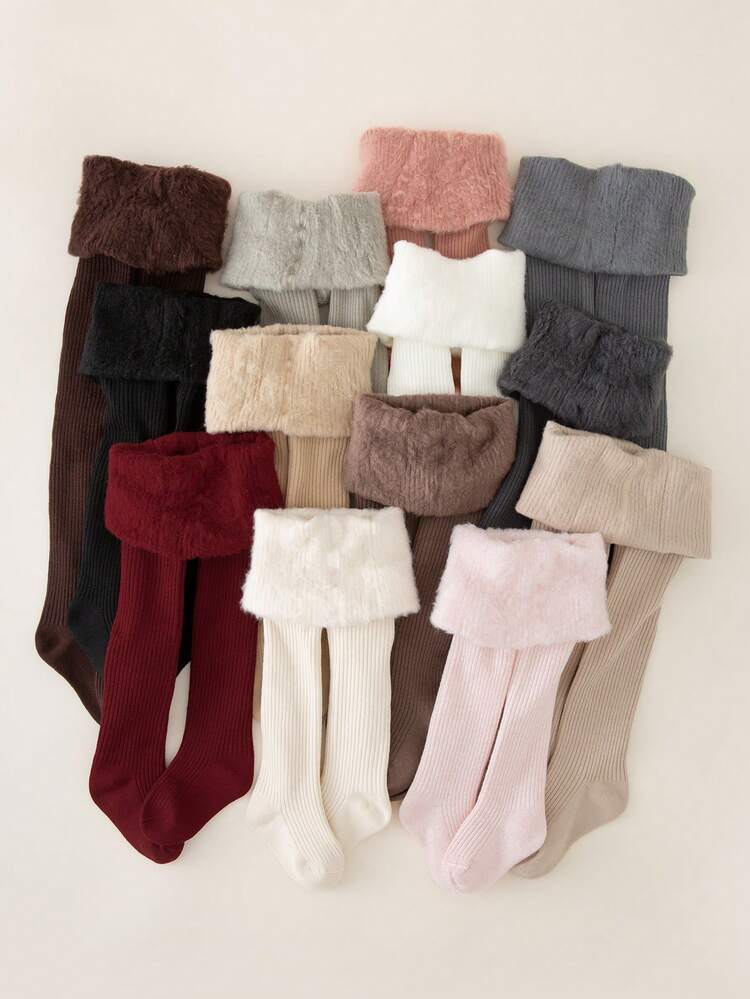 3/1 Pair Pack Girls/Infant/Toddler Thermal Lined Tights, Solid Color Classic Simple Warm Leggings, Soft Comfortable Thin Fleece Versatile Tights, Suitable For Autumn/Winter Daily Wear, School, Holidays, Random Color