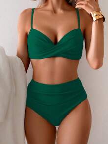 Summer Solid Color Sexy Elegant Bohemian Style Spaghetti Strap Bikini Swimsuit, Sweet Two Pieces Beach Vacation Set - Green - View 2