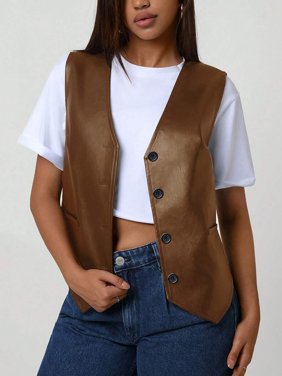 Áo khoác nữ cổ chữ V không tay dáng rộng bằng da PU kiểu vintage, tối giản, thích hợp cho mùa thu/đông, mặc hàng ngày, có thể dùng như áo khoác cài cúc cho các bữa tiệc Giáng sinh, năm mới hoặc ngày Valentine.