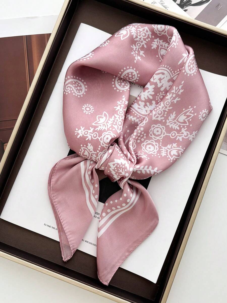 1pc Fashion Paisley Print 70cm Square Satin Scarf, Women Shawl Neck Scarf Headband With Floral Pattern - Pink Single Cashew - View 1