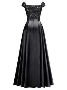 MIUSOL Sequin Floral Lace Sweetheart Neck Cap Sleeve Contrast Satin Formal Party Maxi Dress, Elegant Party Dress For Women, Formal Evening Gown, Prom Dress, For Easter, Mother Day, Wedding Guest, Graduation, Dinner - 黑色 - 查看 8