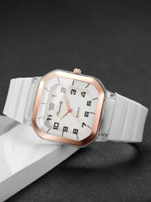 1pc Women's Silicone Band Fashion Casual Square Dial Elegant Quartz Wrist Watch, No Watch Box Included - White - View 4