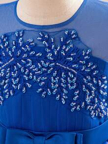 少女圆领亮片蝴蝶结薄纱优雅长裙，适合正式场合、花童婚礼等，不含头饰 - 寶藍色 - 查看 5